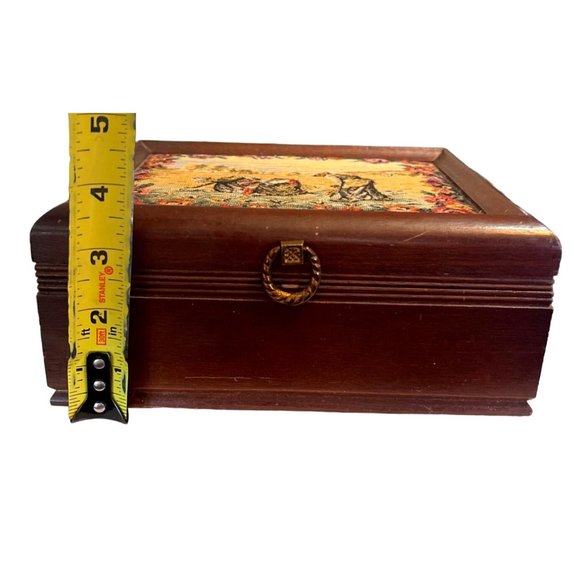 Vtg Wooden Jewelry Box Tapestry Top Yellow Velvet Lining Tray Mirror - Picture 10 of 10